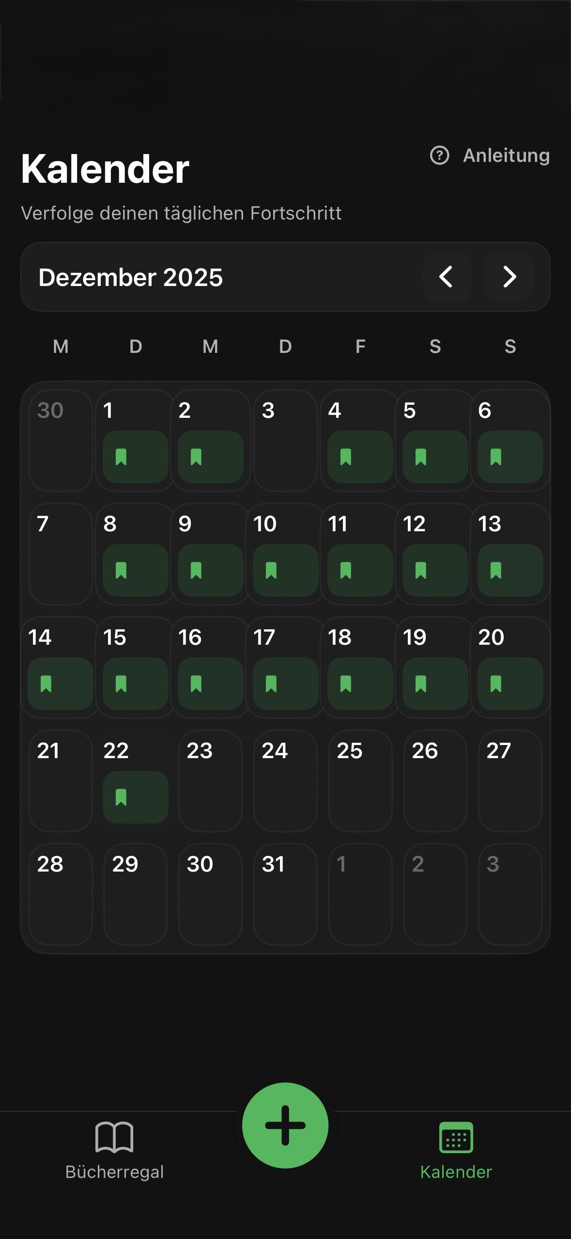 Calendar view makes daily reading consistency visible.