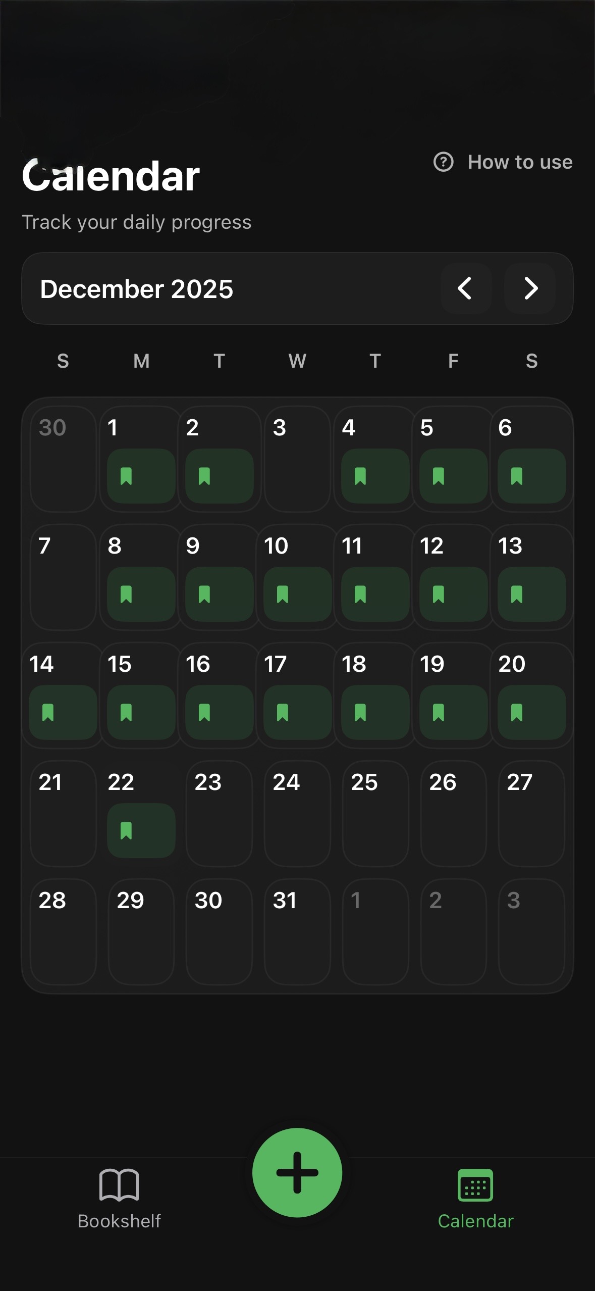 Calendar view makes daily reading consistency visible.