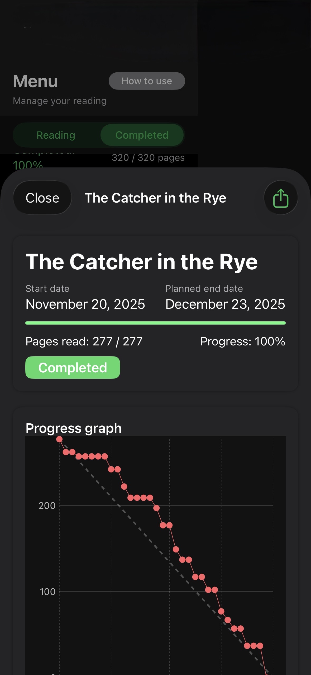 Book detail screen keeps completion status clear.