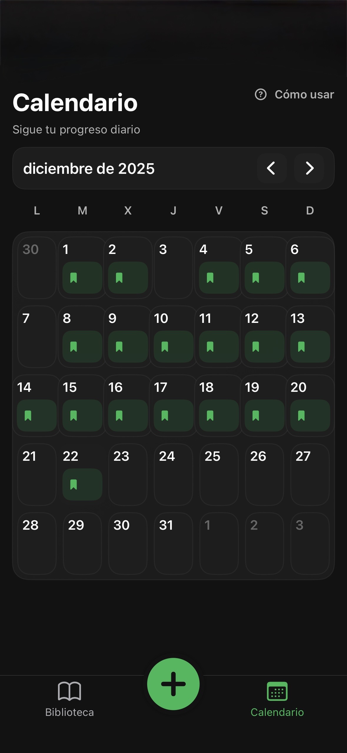 Calendar view makes daily reading consistency visible.