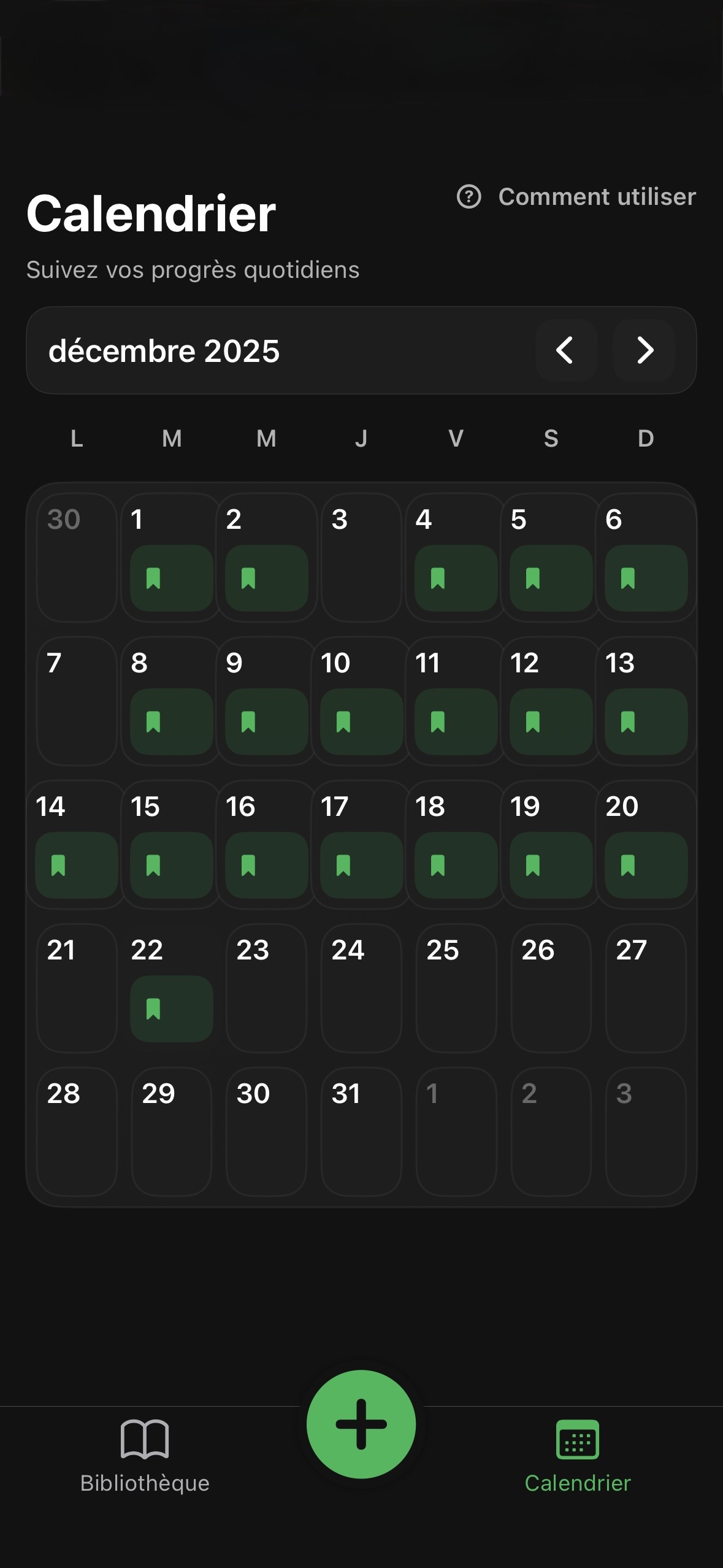 Calendar view makes daily reading consistency visible.