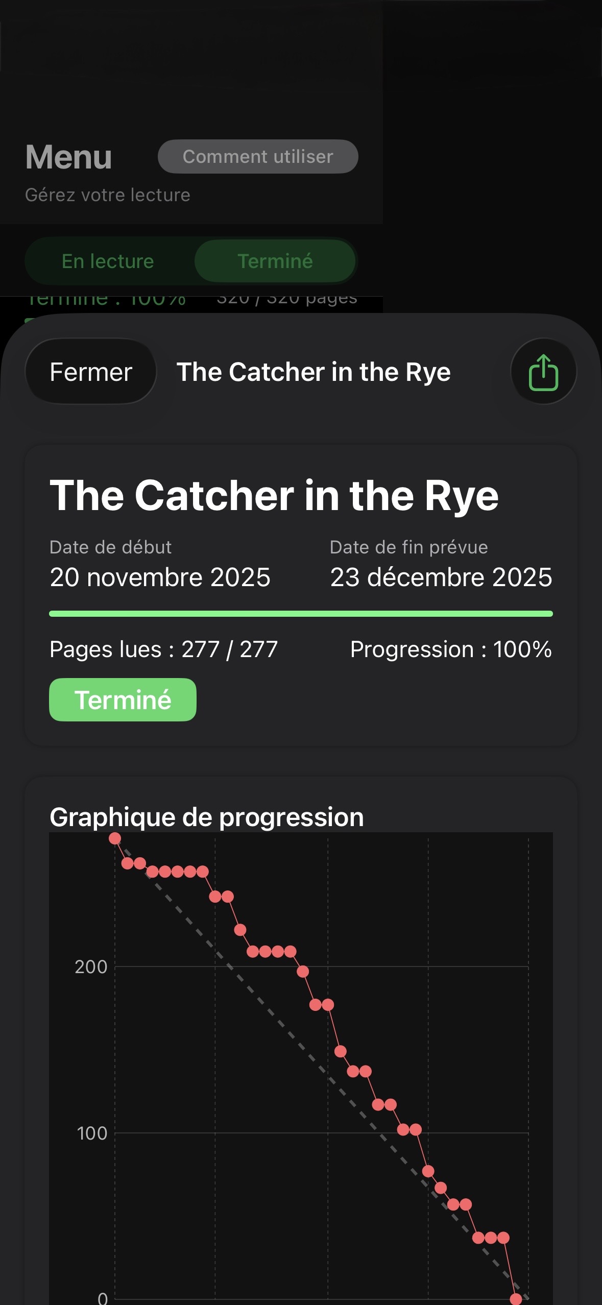 Book detail screen keeps completion status clear.