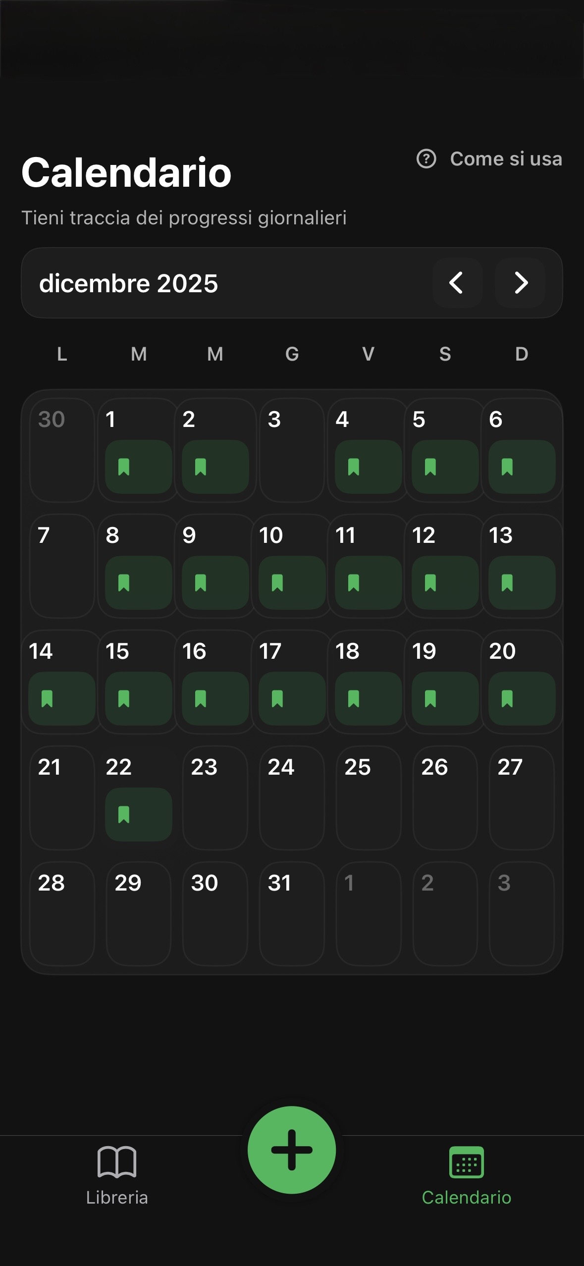 Calendar view makes daily reading consistency visible.